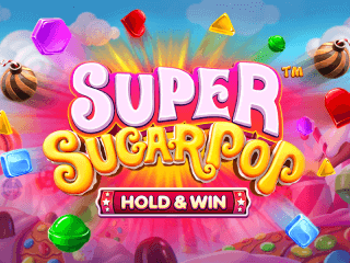 Rosa-gelber Super Sugar Pop Hold & Spin Schriftzug vor einer bunten Explosion.