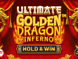 Weiss-gelber Ultimate Golden Dragon Inferno Schriftzug vor einem rot-goldenen Vorhang.