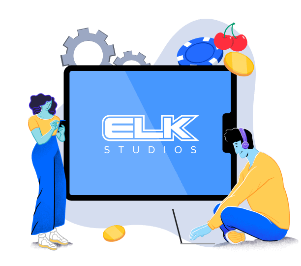 Eine stehende weibliche Figur mit Handy und eine sitzende männliche Figur mit Laptop neben einem grossen blau-weissem Elk Studios Logo.