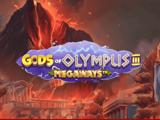 Gods of Olympus III Megaways Schriftzug vor einem Vulkanausbruch.