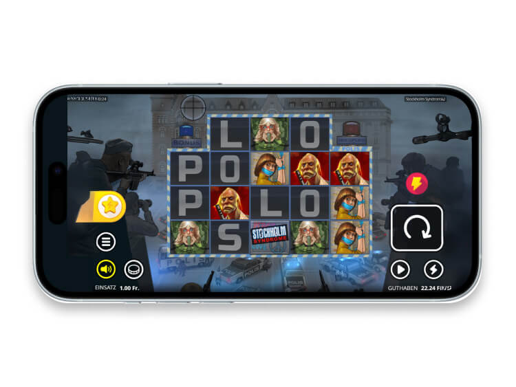 Smartphone im Querformat, das das Slot Raster zeigt sowie eine düstere Polzei-Szene mit Autos und bewaffneten Polizisten.
