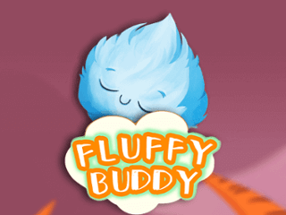 Fluffy Buddy Schriftzug vor einem blauen Wolkentierchen.