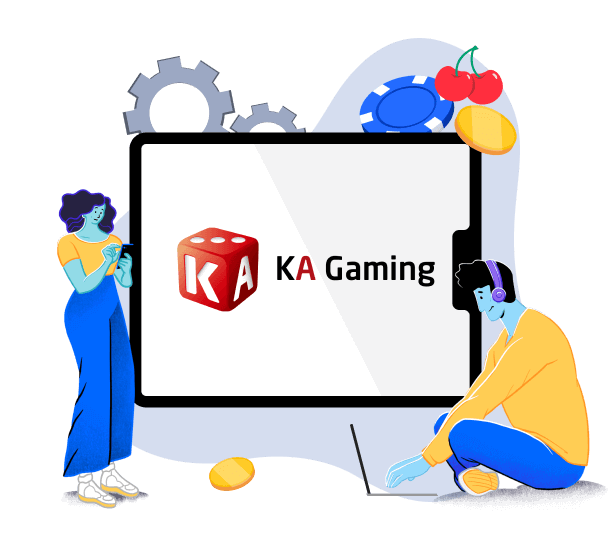 Eine stehende weibliche Figur mit Handy und eine sitzende männliche Figur mit Laptop neben einem grossen rot-schwarzem KA Gaming Logo.