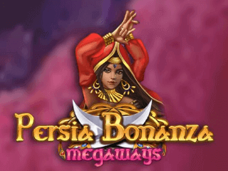 Persia Bonanza Megaways Schriftzug mit einer braunhaarigen Bauchtänzerin im roten Kleid.
