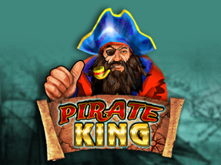 Pirate King Schriftzug vor einem Piraten mit braunen Bart, gelber Pfeife und Augenklappe.