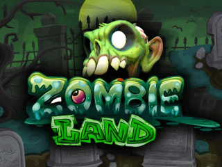 Grüner Zombie Land Schriftug vor einem grünen Zombiegesicht mit weissen Augen und gelben Zähnen.