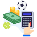Bettor using a calculator next to tennis ball, soccer ball and money