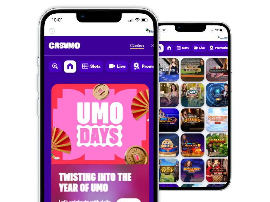 Casumo casino home page and live games page on a mobile device.