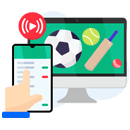 Tablet and computer showing soccer ball, cricket bat, and tennis ball