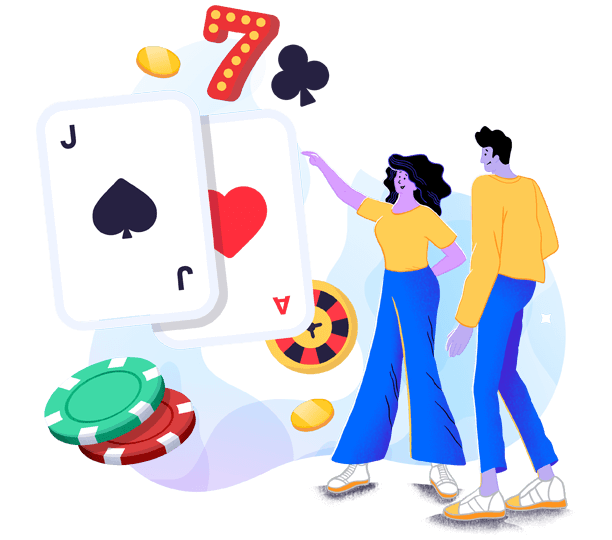 Two friends surrounded by cards, chips, and casino elements