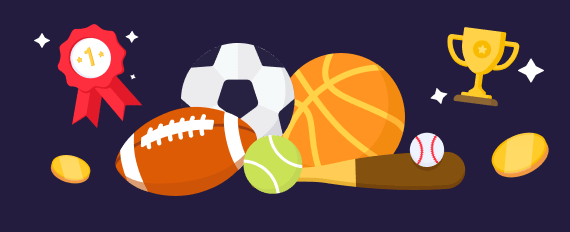 Different sports balls, a rosette, and a trophy
