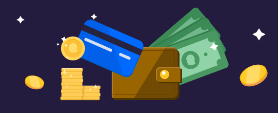 Stack of coins, credit card, wallet, and cash