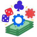 Pair of dice, chips, and cards atop a stack of cash