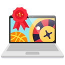 Laptop behind a safety badge displaying roulette wheel and basketball
