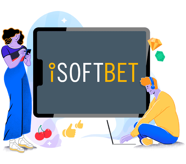 Two people playing iSoftBet games on their laptop and mobile phone