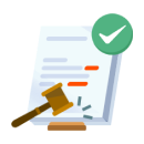 Gavel striking in approval, next to green check mark
