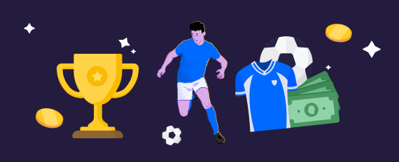 A soccer player, cup, and team kit next to cash
