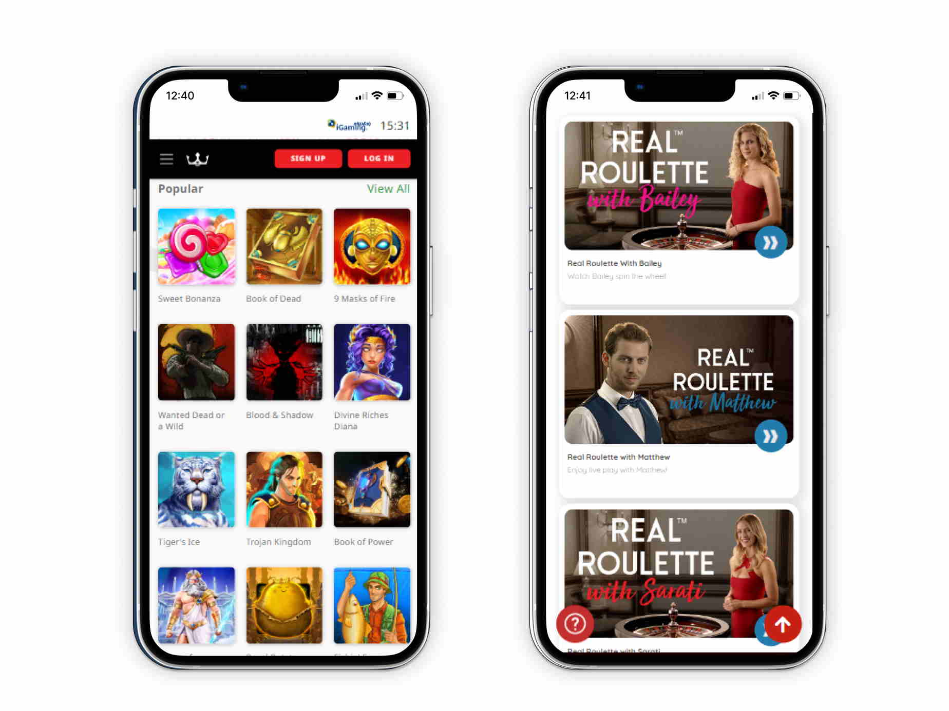 Royal Panda's landing page and live-casino lobby in a mobile viewport