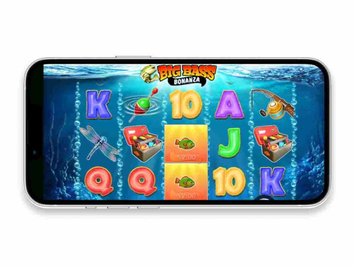 Mobile screen displaying Big Bass Bonanza reels featuring fishing symbols against a blue, underwater background
