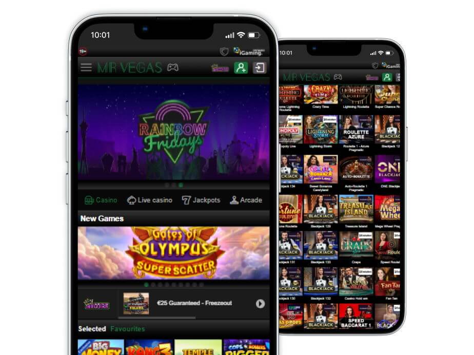 MrVegas casino platform on mobile displaying events, game categories, and live table thumbnails.
