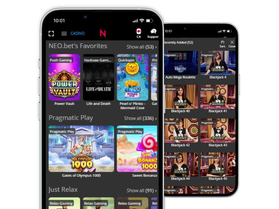 Mobile screens displaying NEO.bet casino's platform, showing featured slots and live-dealer games.
