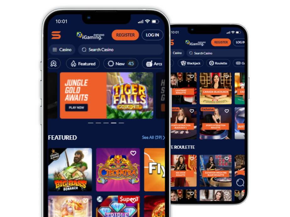 Sports Interaction casino lobby displaying featured slot games and live casino games.