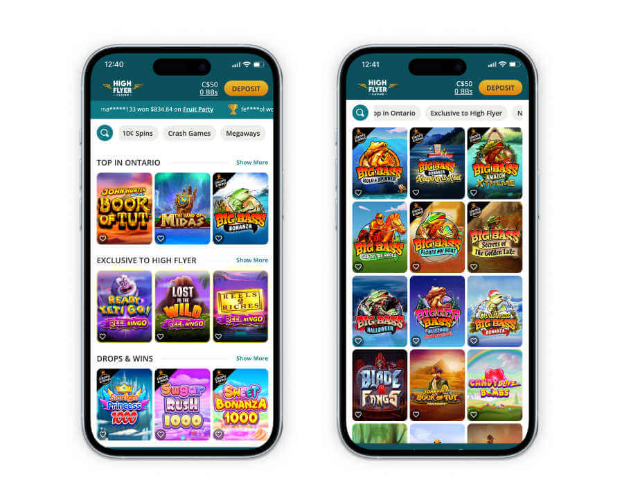 High Flyer mobile casino displaying game categories and exclusive slots.