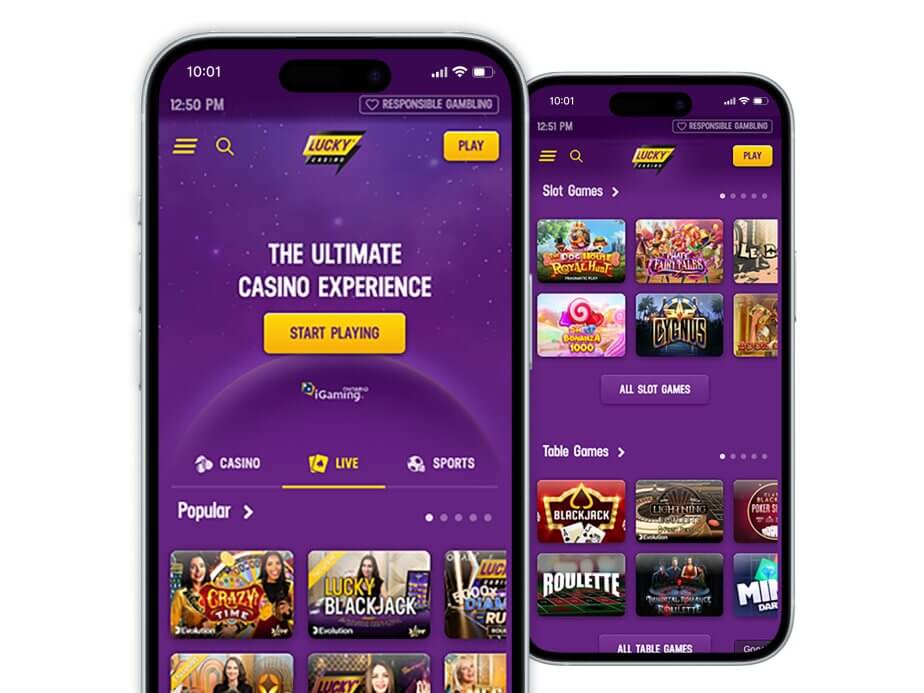 Mobile screenshot of LuckyCasino games lobby, showing live tables, slots, and first-person table games.