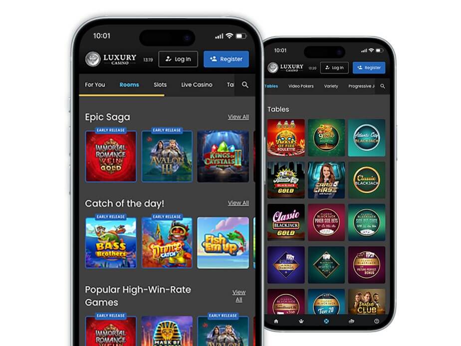 Mobile screenshots showing Luxury Casino games lobby and categories