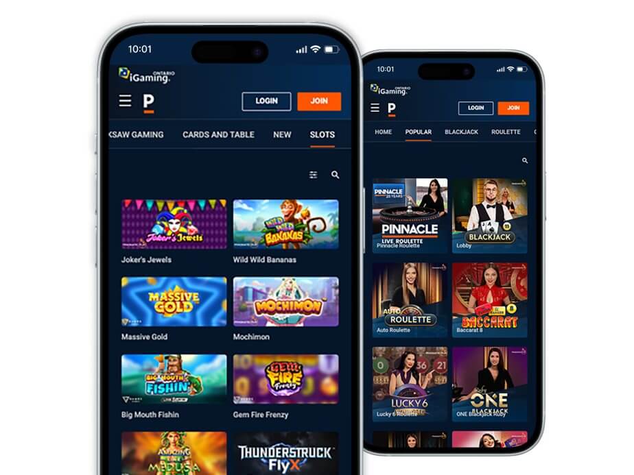 Pinnacle's mobile online casino displaying a selection of slots and live casino titles.