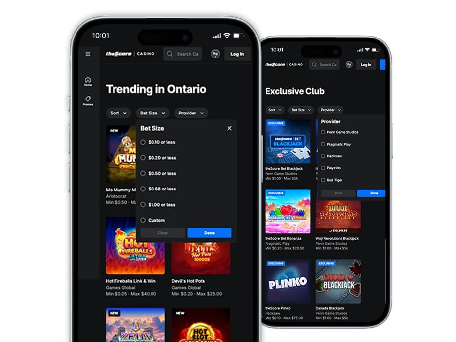 theScore casino mobile app showing bet size filter and exclusive software providers.