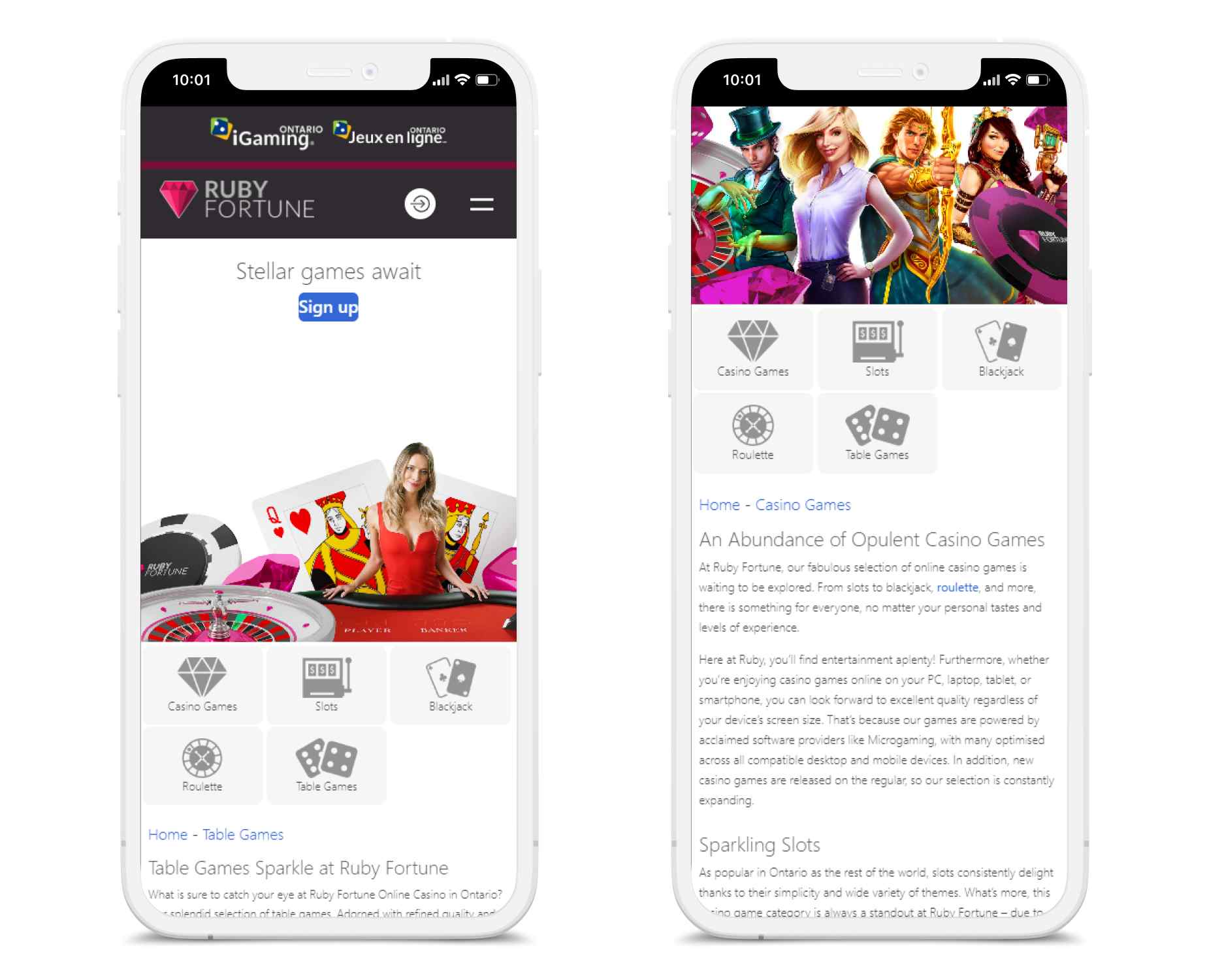 two mobile phones showing ruby fortunes casino on their screens