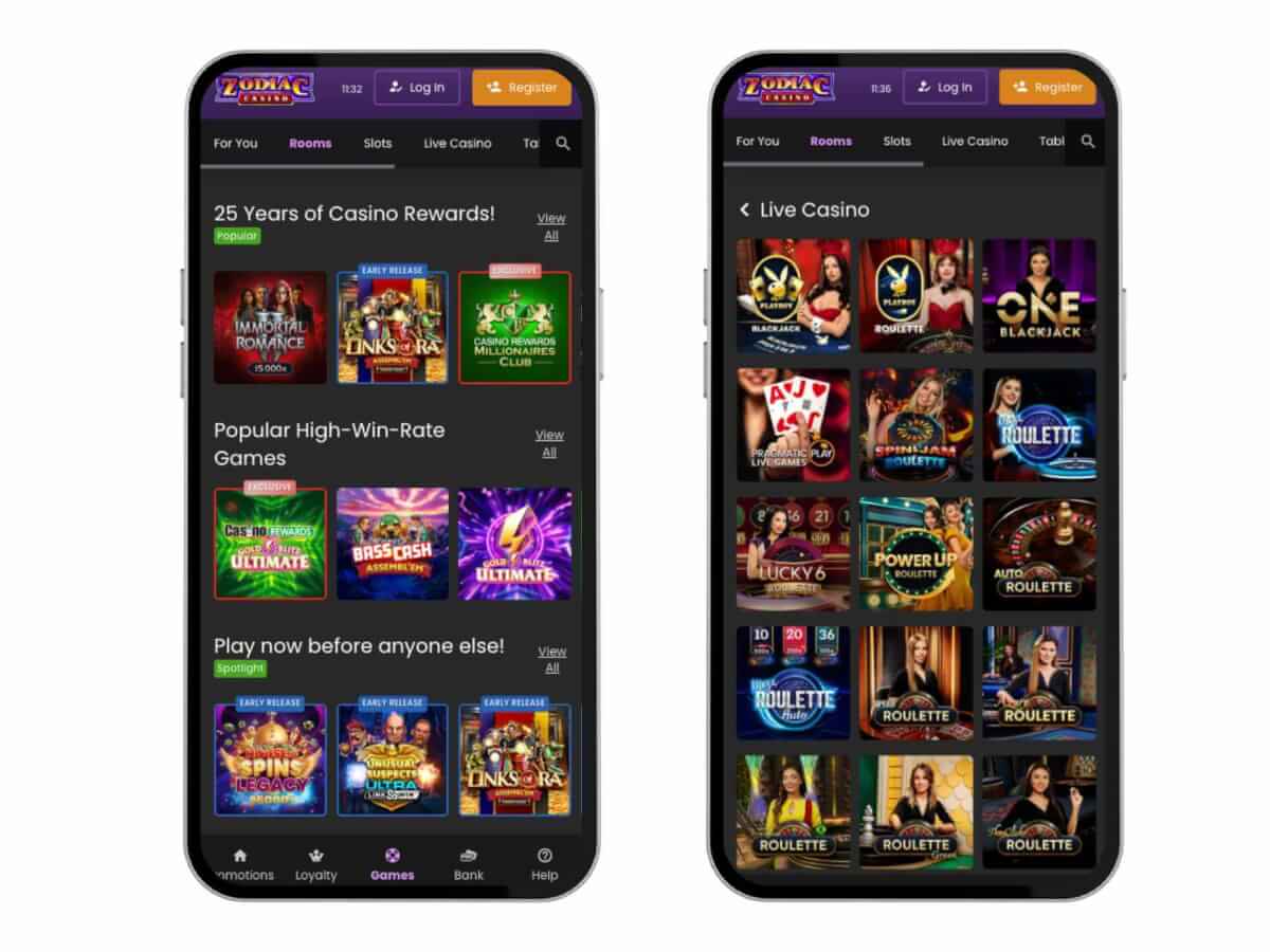 Screenshots of the casino on a cell phone, showing the array of games on offer.