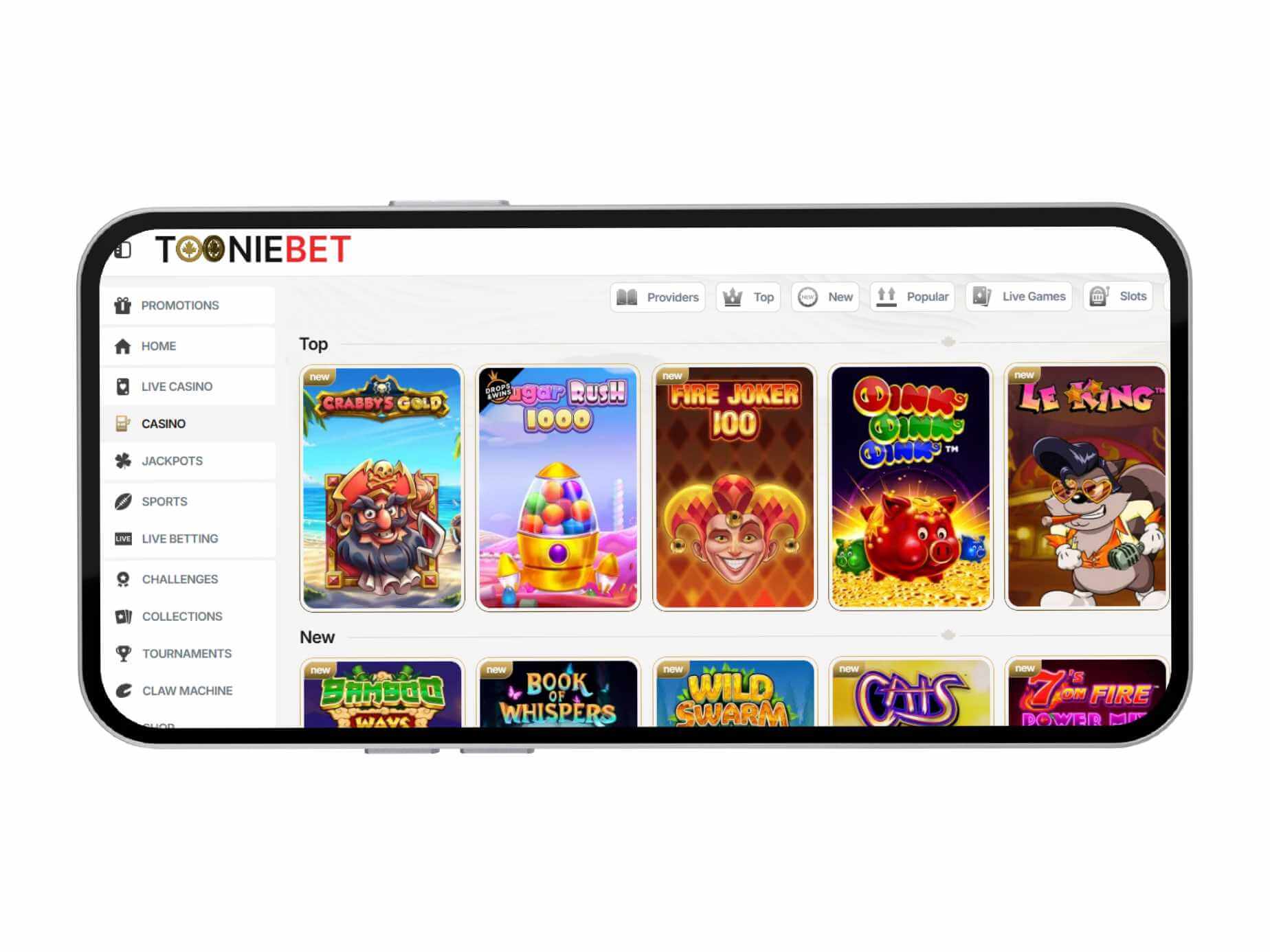 Mobile view of tooniebet's casino page.