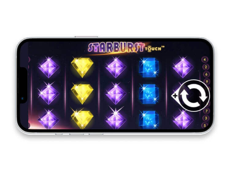 A mobile screenshot of the Starburst slot game.