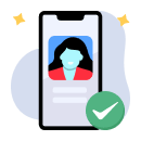 Account of a woman with a green tick mark, inside a mobile phone
