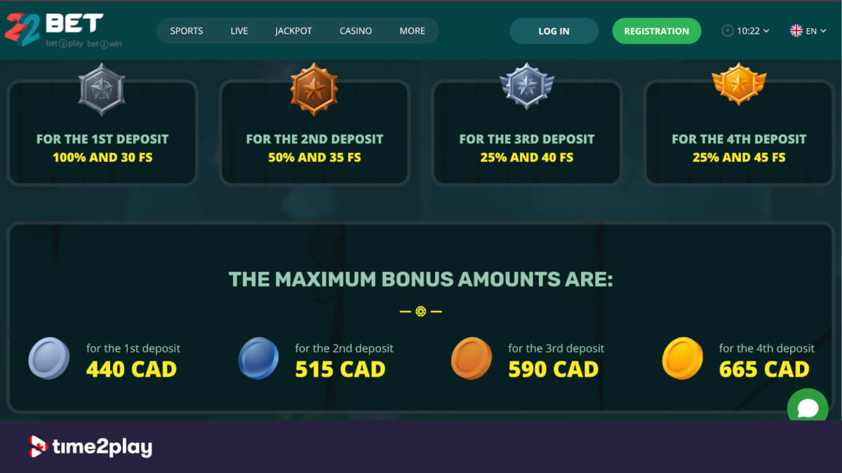 22bet casino welcome bonus deposit offers