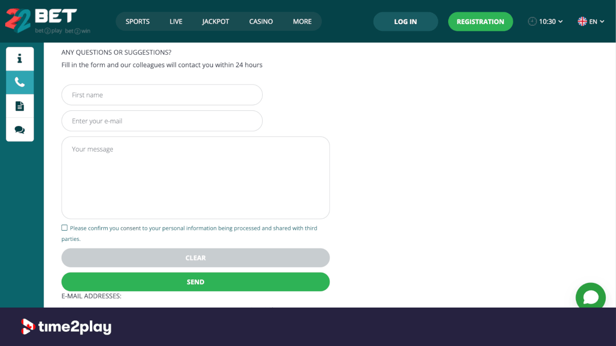 22bet casino contact form