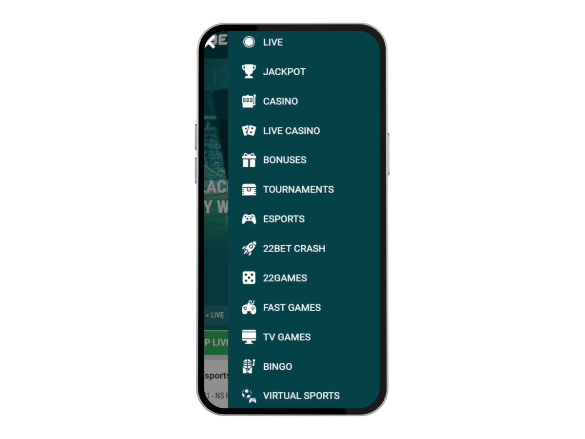 22bet casino mobile app menu