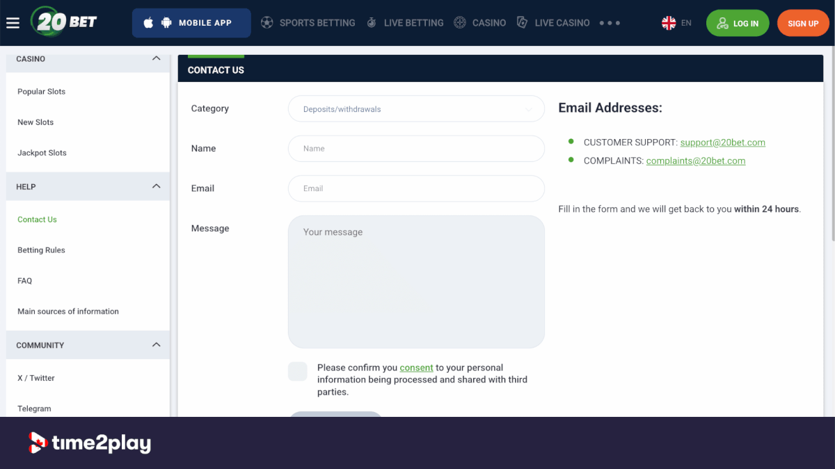 20Bet Casino customer support page