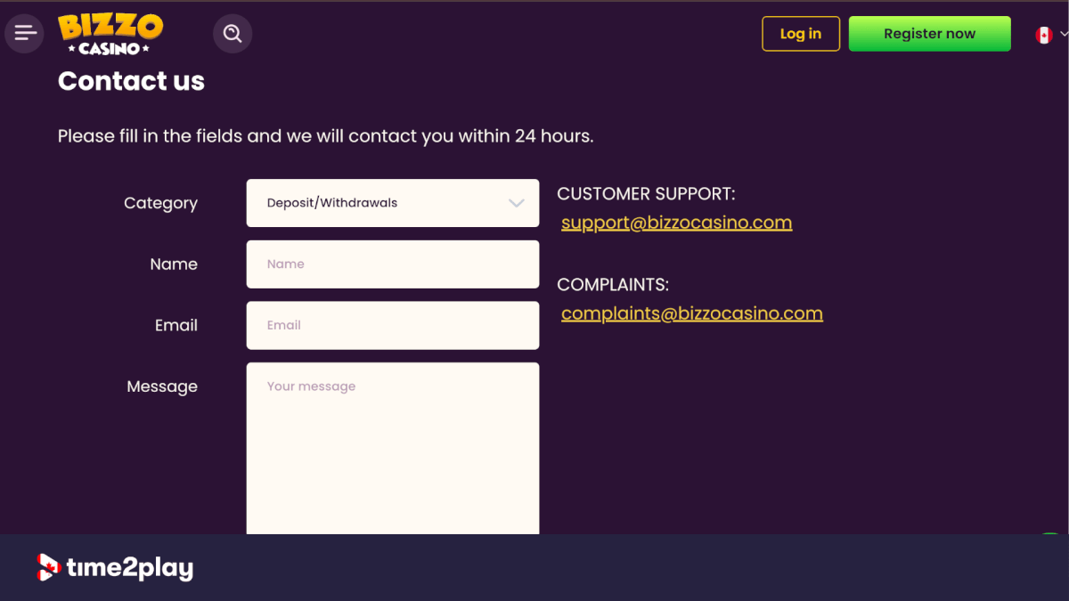Bizzo Casino contact us page