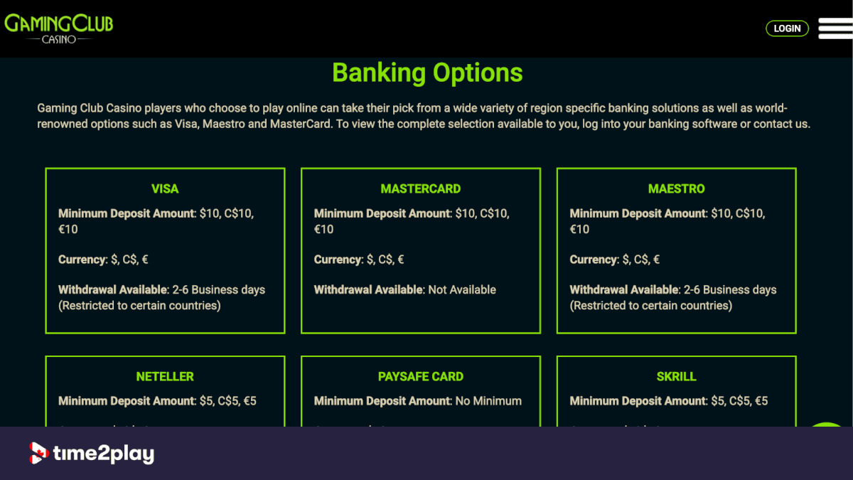 Gaming Club Casino payment options