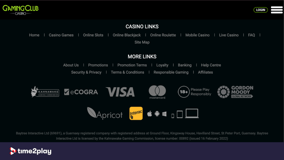 Gaming Club Casino footer with responsible gambling logo