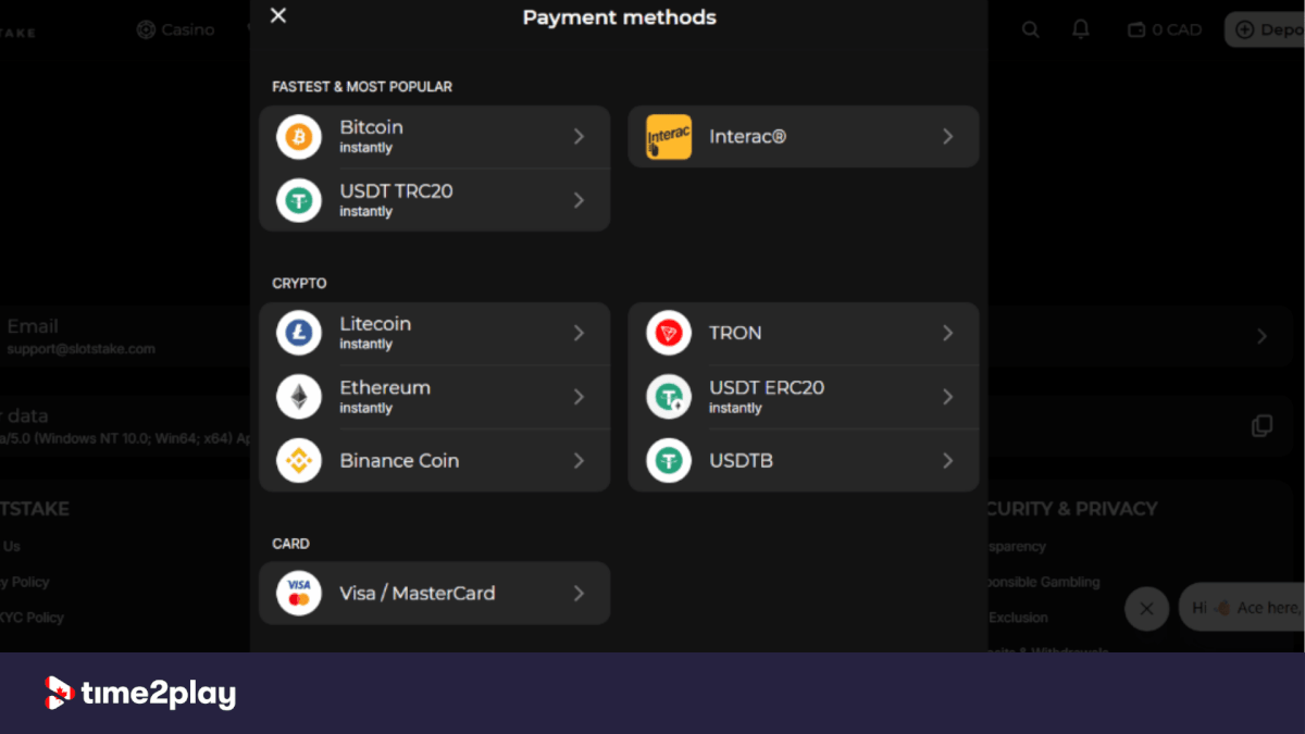 SlotStake casino payment methods