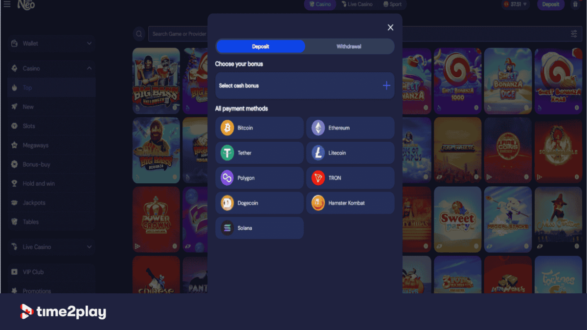 SlotNEO casino crypto deposit methods