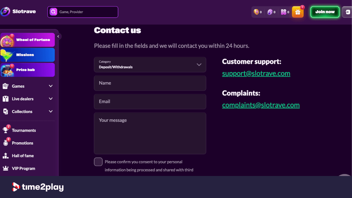 SlotRave casino contact form