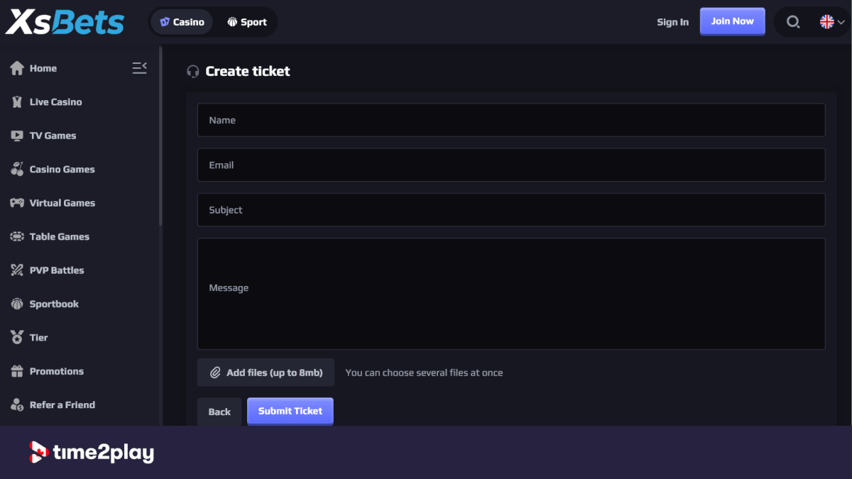XsBets casino customer support ticket system
