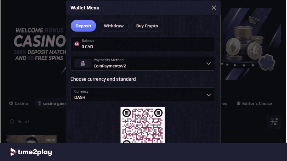 XsBets casino wallet menu
