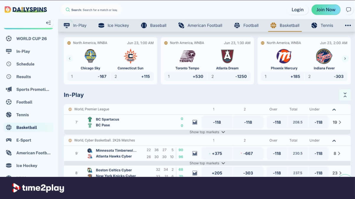 Dailyspins sportsbook in-play hub for basketball