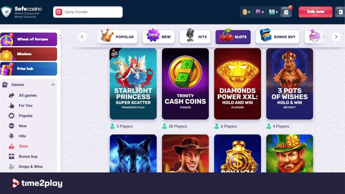 SafeCasino slot games selection